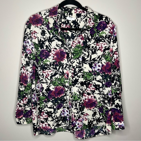 J Jill Relaxed Shirttail Blouse Oat Floral button Down Shirt Pocket XL - Picture 2 of 12